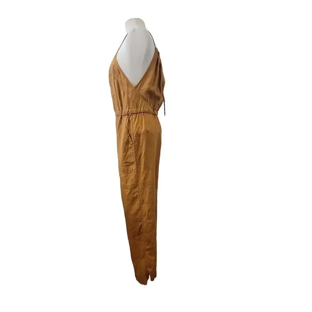 Everlane Linen Sleeveless Spaghetti Strap Open Back Mustard Orange Pant Jumpsuit